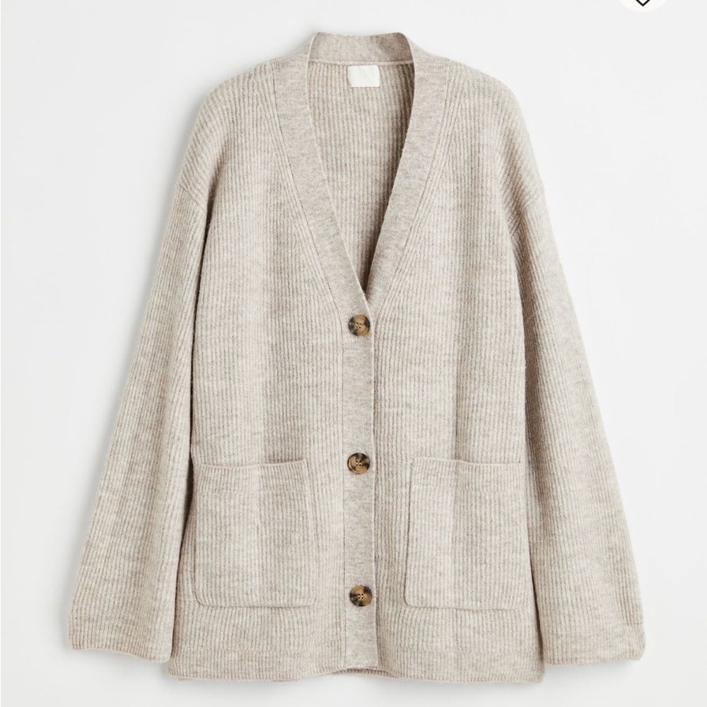 H&M Rib Knit Cardigan Button Side Slit Sweater in Beige